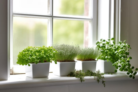 microgreens in a minimalist white windowsill setup, created with generative aiの素材