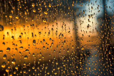 close-up of raindrops on illuminated window pane, created with generative aiの素材