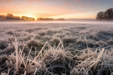 frosty grass field with a misty sunrise background, created with generative aiの素材