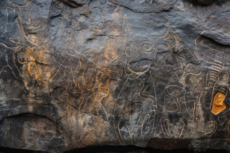 abstract patterns of petroglyphs on stone surfaces, created with generative aiの素材