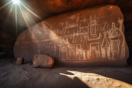 sunlit petroglyphs on a desert rock formation, created with generative aiの素材