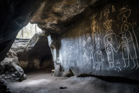 mysterious symbols etched into cave wall, created with generative aiの素材