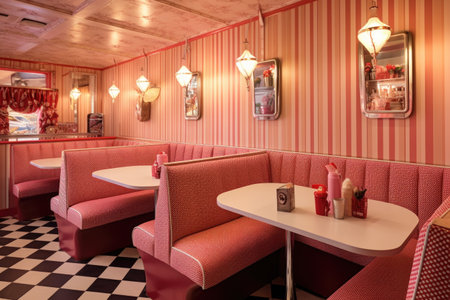 vintage milkshake bar booths with checkered cushions and tabletops, created with generative aiの素材
