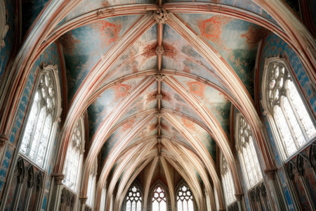 symmetrical frescoes on a gothic cathedral ceiling, created with generative aiの素材