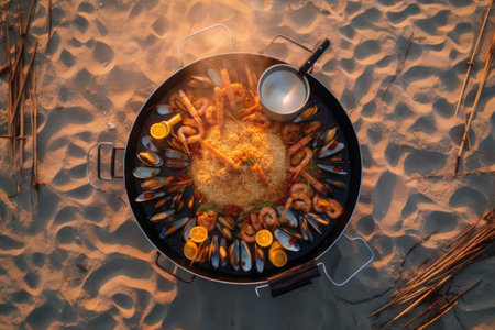 outdoor bbq setup with seafood paella ingredients, created with generative aiの素材