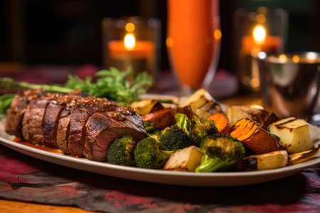 grilled alpaca tenderloin and veggies, created with generative aiの素材