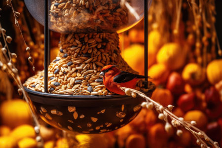close-up of a bird feeder overflowing with seeds, created with generative aiの素材