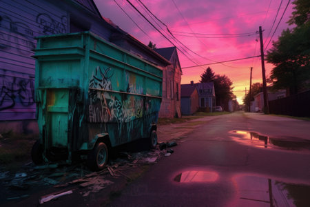 wide-angle shot of dumpster with garbage trail, created with generative aiの素材