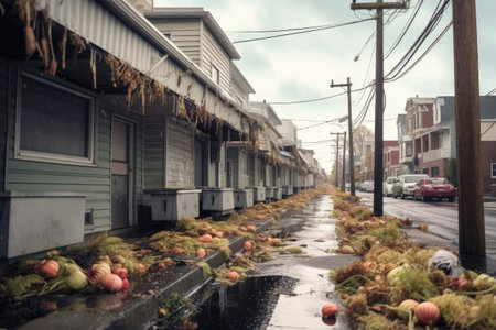 wide angle of gutter system overflowing in urban setting, created with generative aiの素材