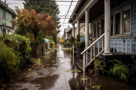 rain gutter overflowing near a flooded walkway, created with generative aiの素材