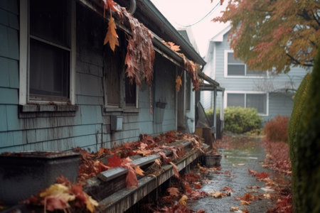 gutter clogged with leaves and debris during rain, created with generative aiの素材