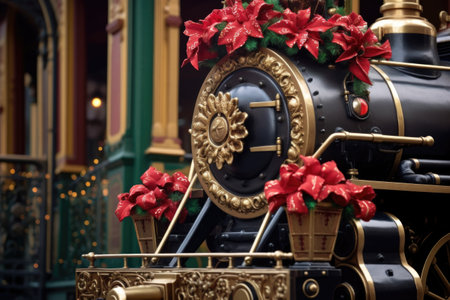 close-up of steam engine with holiday decorations, created with generative aiの素材