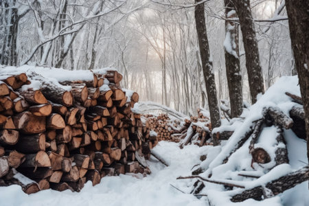 pile of freshly chopped firewood in snowy forest, created with generative aiの素材