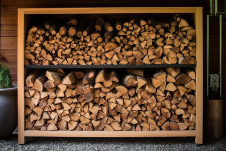 firewood neatly organized in a wood storage rack, created with generative aiの素材