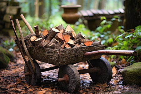 firewood in a rustic wheelbarrow outdoors, created with generative aiの素材
