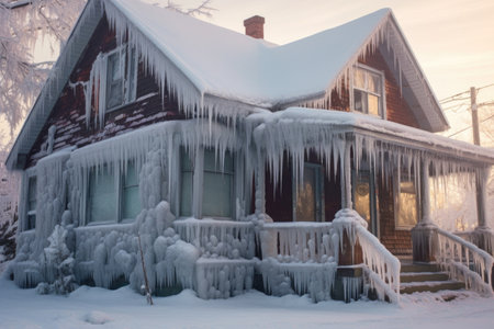 snow-covered house with icicles hanging from roof, created with generative aiの素材