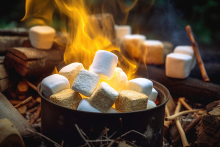 close-up of marshmallows roasting over campfire, created with generative aiの素材