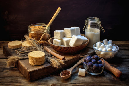 smores ingredients arranged on a rustic wooden table, created with generative aiの素材