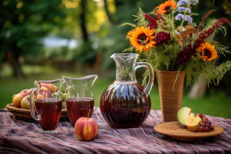 garden setup with wine glasses, sangria pitcher and floral decorations, created with generative aiの素材