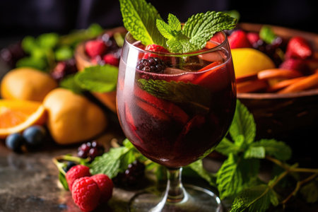 close-up of a sangria glass with fruit garnish and mint leaves, created with generative aiの素材