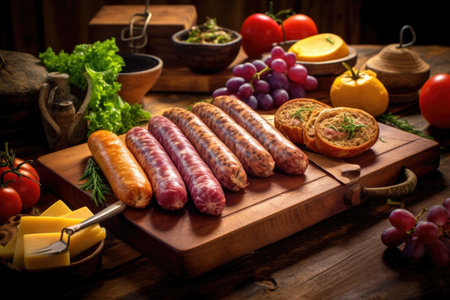 freshly made artisan sausages on board, created with generative aiの素材