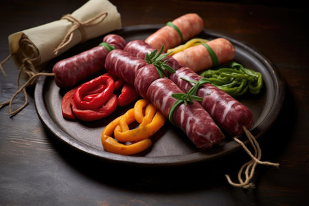 hand-tied links of fresh artisan sausages, created with generative aiの素材
