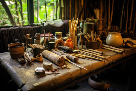 tools for and shaping bamboo on worktable, created with generative aiの素材