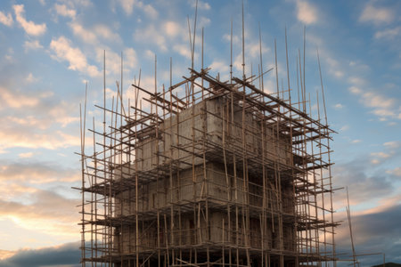 partially built bamboo scaffolding against sky, created with generative aiの素材