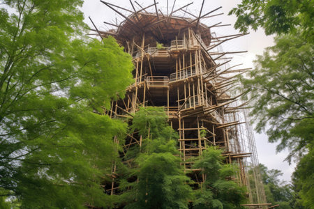 bamboo scaffolding shadow on a concrete wall, created with generative aiの素材