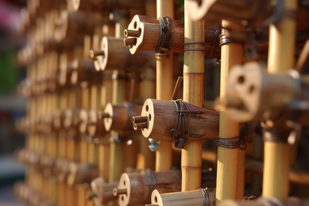 close-up of bamboo scaffolding joints and fasteners, created with generative aiの素材