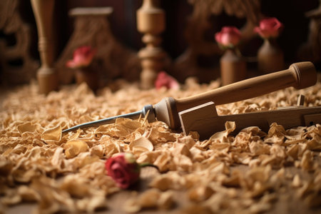 close-up of wood shavings and carpentry tools, created with generative aiの素材