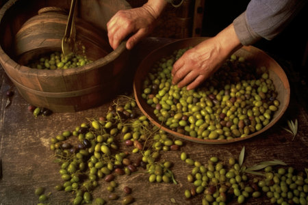 close-up of olives being pressed for oil extraction, created with generative aiの素材