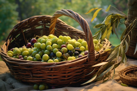 freshly harvested olives in a basket, created with generative aiの素材