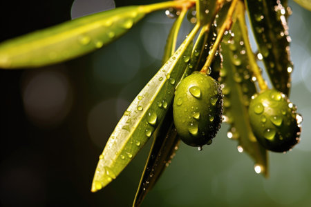 macro shot of a single olive with oil droplets, created with generative aiの素材