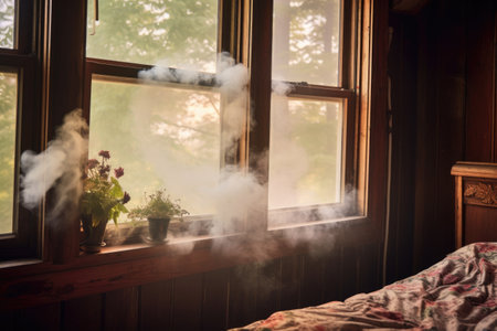 smoke billowing out of a cozy cabin window, created with generative aiの素材