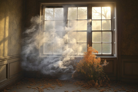 thin wisps of smoke floating from a window in a serene, countryside setting, created with generative aiの素材