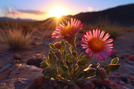a mojave aster glowing in the sunset, created with generative aiの素材