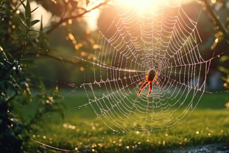 a spider spinning a delicate web in the early morning light, created with generative aiの素材