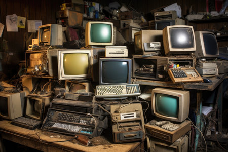 electronic waste collection: old computers and phones, created with generative aiの素材
