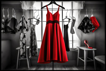 red dress on hanger among black and white clothing, created with generative aiの素材