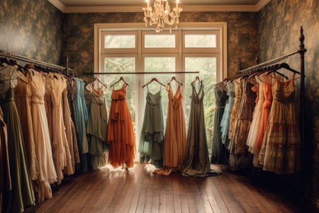 vintage dresses hanging in a boutique, created with generative aiの素材