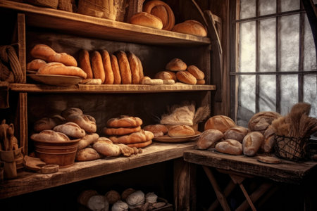 freshly baked bread on wooden shelves, created with generative aiの素材