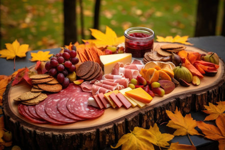 autumn-themed outdoor charcuterie board with colorful leaves, created with generative aiの素材
