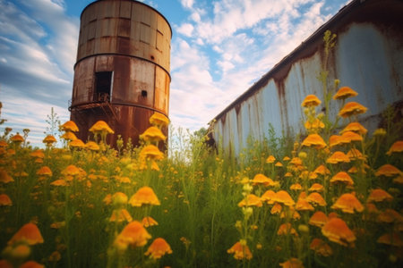 abandoned rusty silo surrounded by wildflowers, created with generative aiの素材