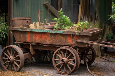 weathered wooden wagon with rusty metal details, created with generative aiの素材