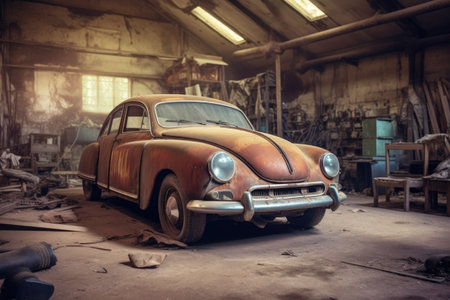 rusty vintage car in a deserted garage, created with generative aiの素材