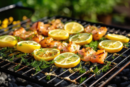 delicious shrimp skewers with lemon on grill grate, created with generative aiの素材