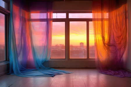 sunrise or sunset colors glowing behind a sheer curtain, created with generative aiの素材
