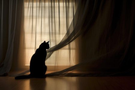 silhouette of a cat stretching behind a sheer curtain, created with generative aiの素材