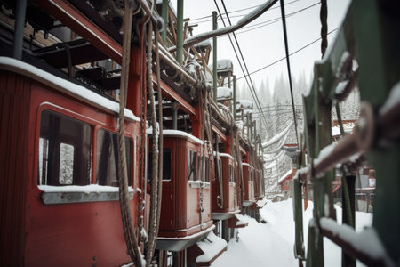 close-up of ski lift cables and pulleys, created with generative aiの素材